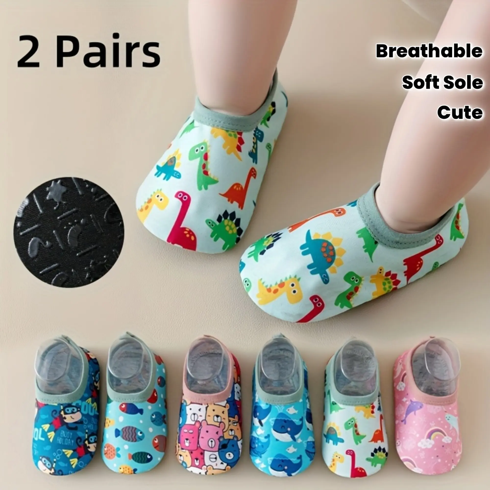 Kids' Animal Sock Shoes (2 Pairs), Breathable Slipper Socks with Soft Non-Slip Soles for Indoor Floor Use - Bears, Dinosaurs & Unicorn, Bears (2 Pairs), Dinosaurs (2 Pack)