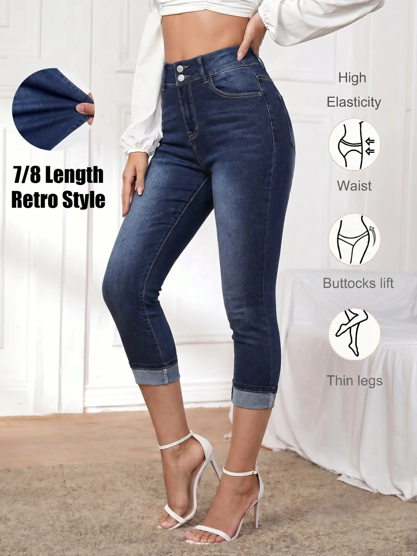 #EZJean Women's 7/8 Length Skinny Jeans, Mid-Waist Retro Casual, Dark Washed Stretch, Pocketed, Skinny Leg, Ideal for Summer & Spring Outings