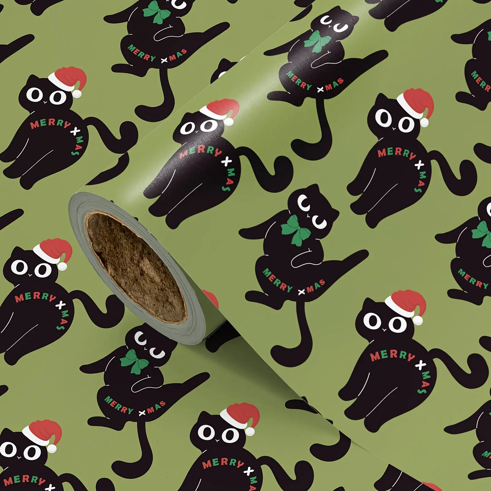 1 Roll Red/Green Christmas Cat Gift Wrapping Paper, Black Cat with Santa Hat & "Merry Xmas" Print Gift Wrap Roll for Christmas Holiday, Party, DIY Craft Decor, Gift Wrapping Supplies, 43.2cm x 500cm, Creative Gift Packaging