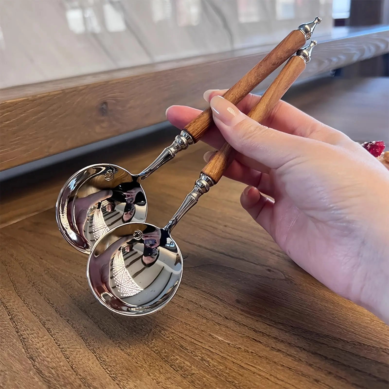 1 Wooden-Handle-Look Stainless Steel Round Spoon, Long-Handled Round-Head Spoon, Household Rice Spoon Soup Spoon Teaspoon, Dessert Spoon