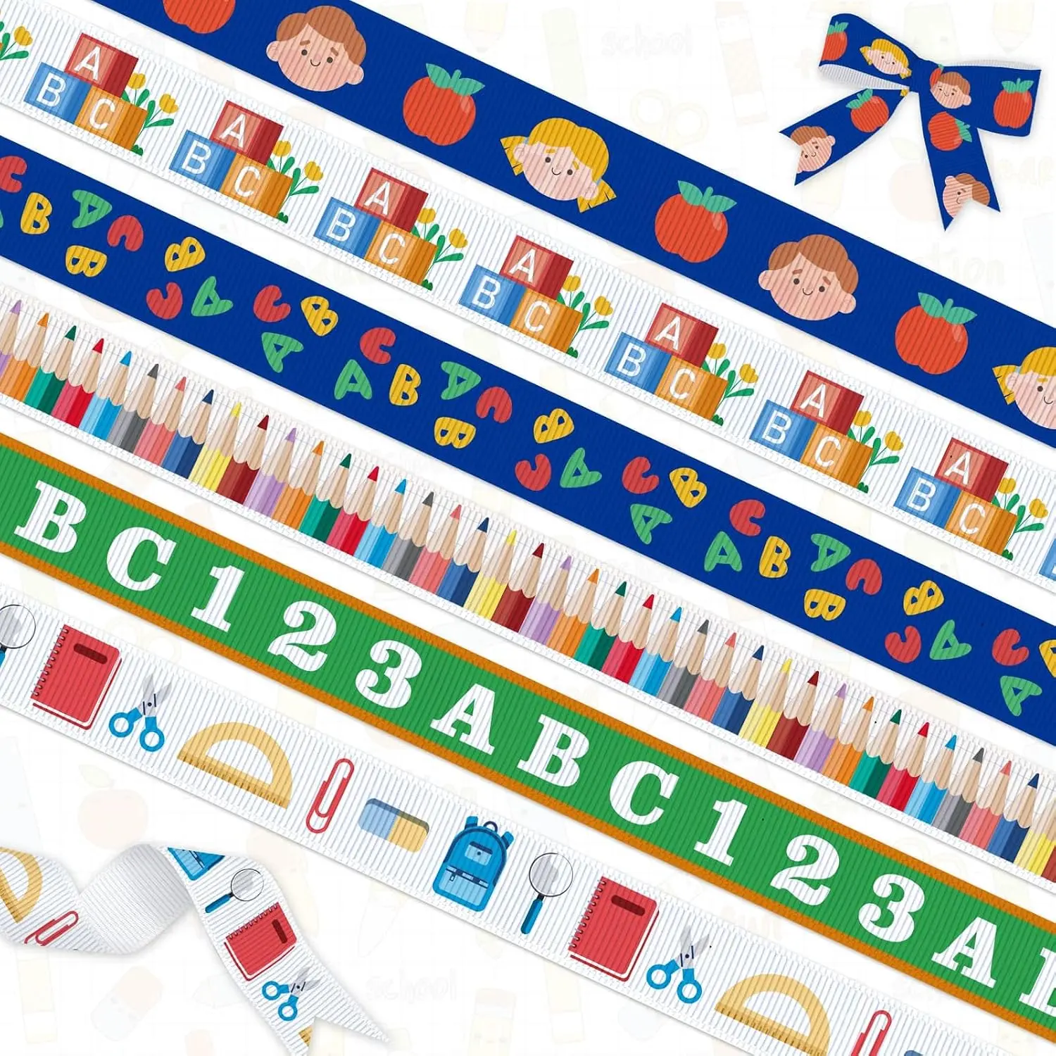 to School Ribbons Set, 6 Rolls x 3 Yards Each, 3/8" Wide Grosgrain Ribbons - , Pencil, ABC  for Teacher Gifts, Classroom Decor, School Party Supplies