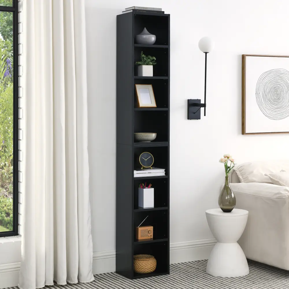 8-Tier Media Tower Rack with Adjustable Shelves & MDF Finish, Tall Narrow Office Furniture Bookcase, Slim Vertical Organizer for Home Office & Living Room, Multi-Functional Storage for Books, Movies & Collectibles
