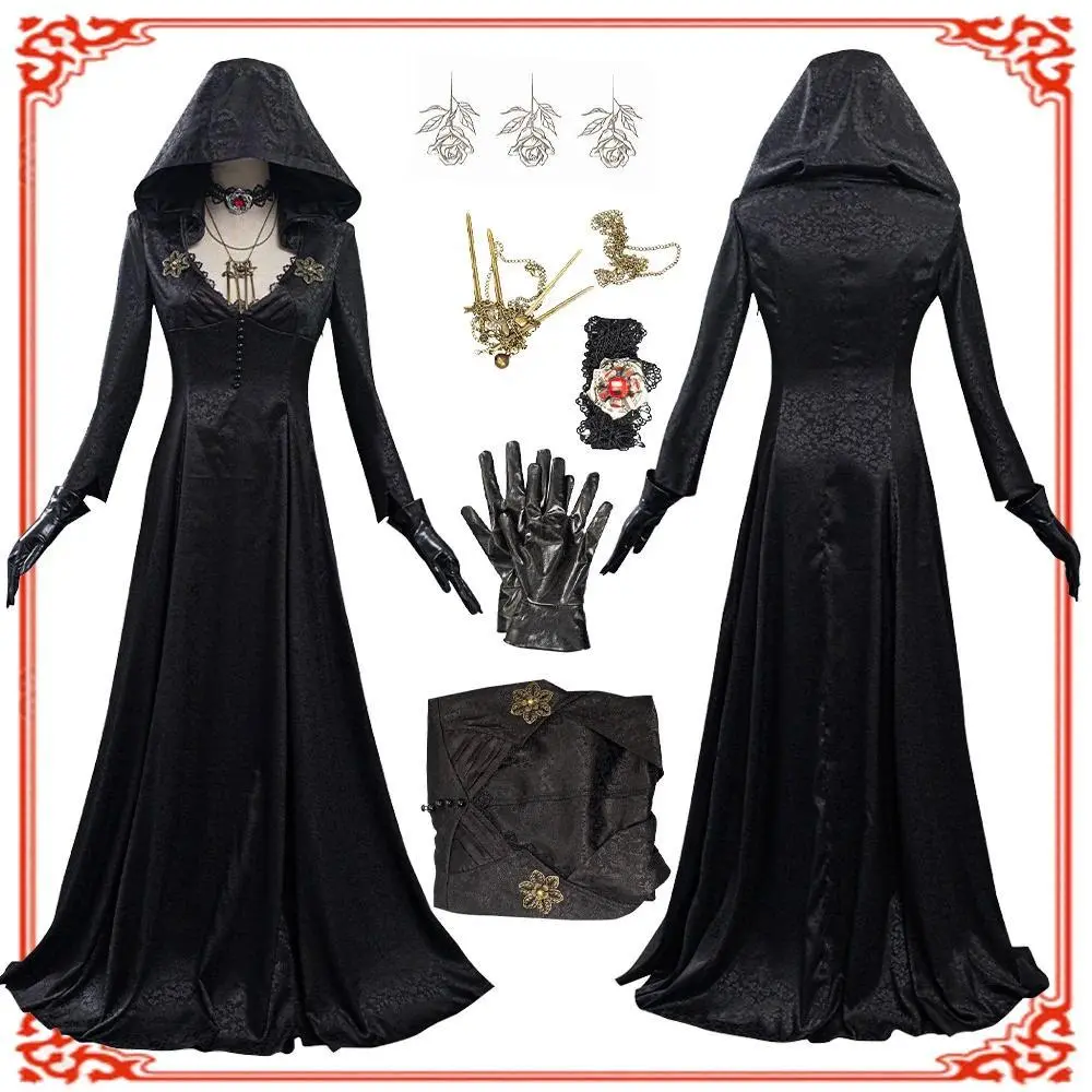 In Stock Moth Lady Evil Cosplay Fantasia Village Vampire Lady Dimitrescu Costume Women Black Dress Halloween Carnival Party Suit