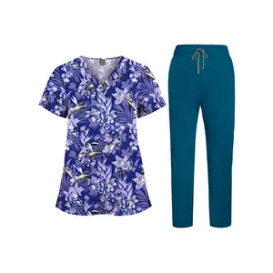 Women's Printed Elastic Scrubs Set |   V-Neck Short Sleeve Functional Uniform for Veterinary Clinics, Luxury Spa Attendants, Pet Grooming Salons, and Wellness Centers