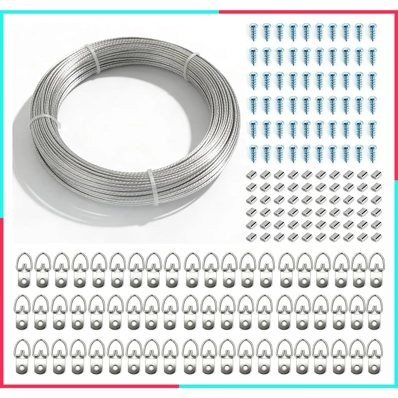 181 PCS Premium Picture Hanging Kit, 110FT Braided Hanging Wire, 60 D Ring Hangers with Screws, 60 Aluminum Crimping Sleeves for Frames, Mirrors, Canvas, Artwork and Home Decor