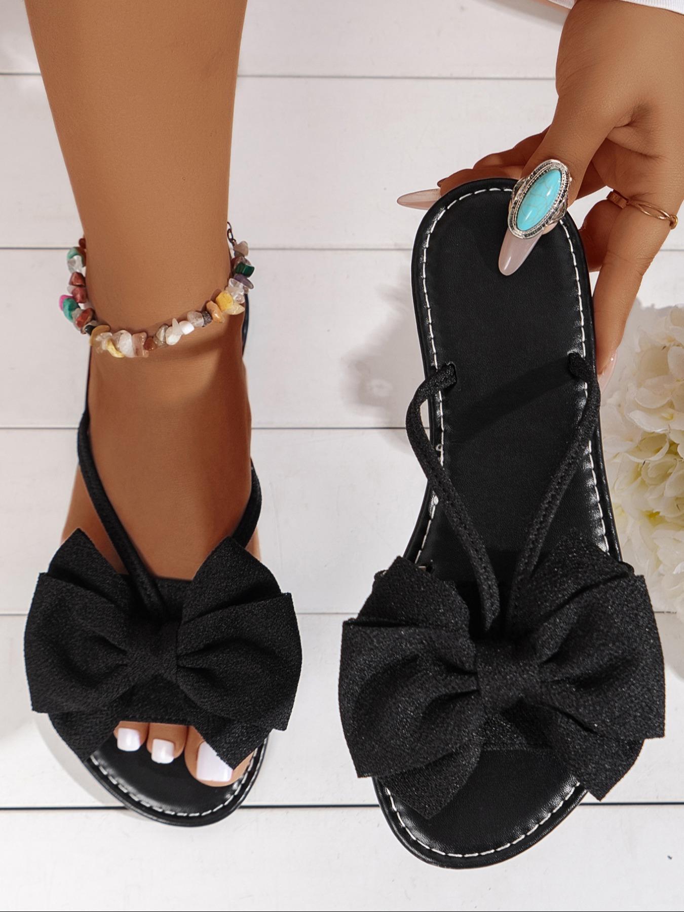 Women's Bowknot Design Slip on Sandals, Casual Boho Style Flat Sandals for Summer, Lightweight Solid Color Slide Sandals for Indoor & Outdoor Wear, Bohemian Trending Sandals