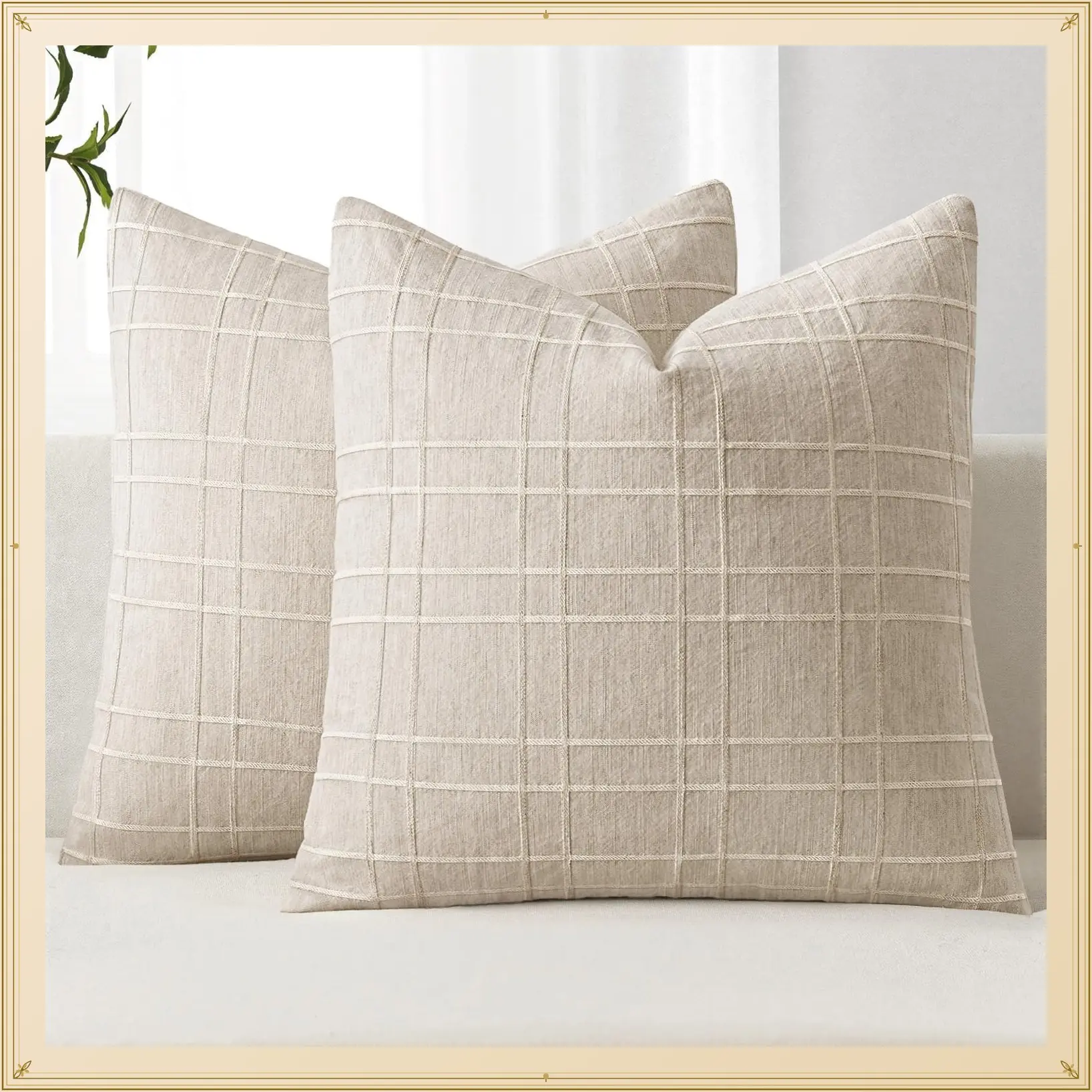Linen Plaid Pillow Covers Set of 2, 20x20 Natural Beige Neutral Vintage Gingham Farmhouse Throw Pillow Covers for Sofa Couch Cushion BedGift