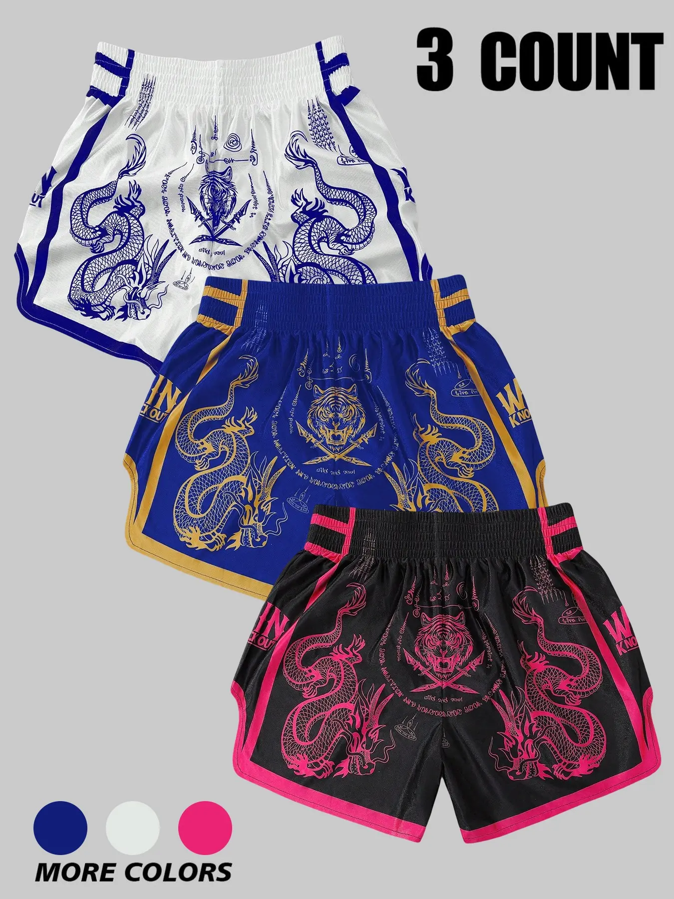 Three-Color Traditional Dragon Tiger Totem Muay Thai Shorts, High Elastic Waist, Combat Training, Casual Five-Pocket Sports Pants, Casual Athletic Shorts