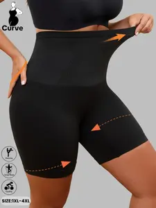 Plus Size Women's High Waist Elastic Control Shaping Shorts, Comfortable Fit for Yoga Cycling Running, Sporty Design for All Seasons