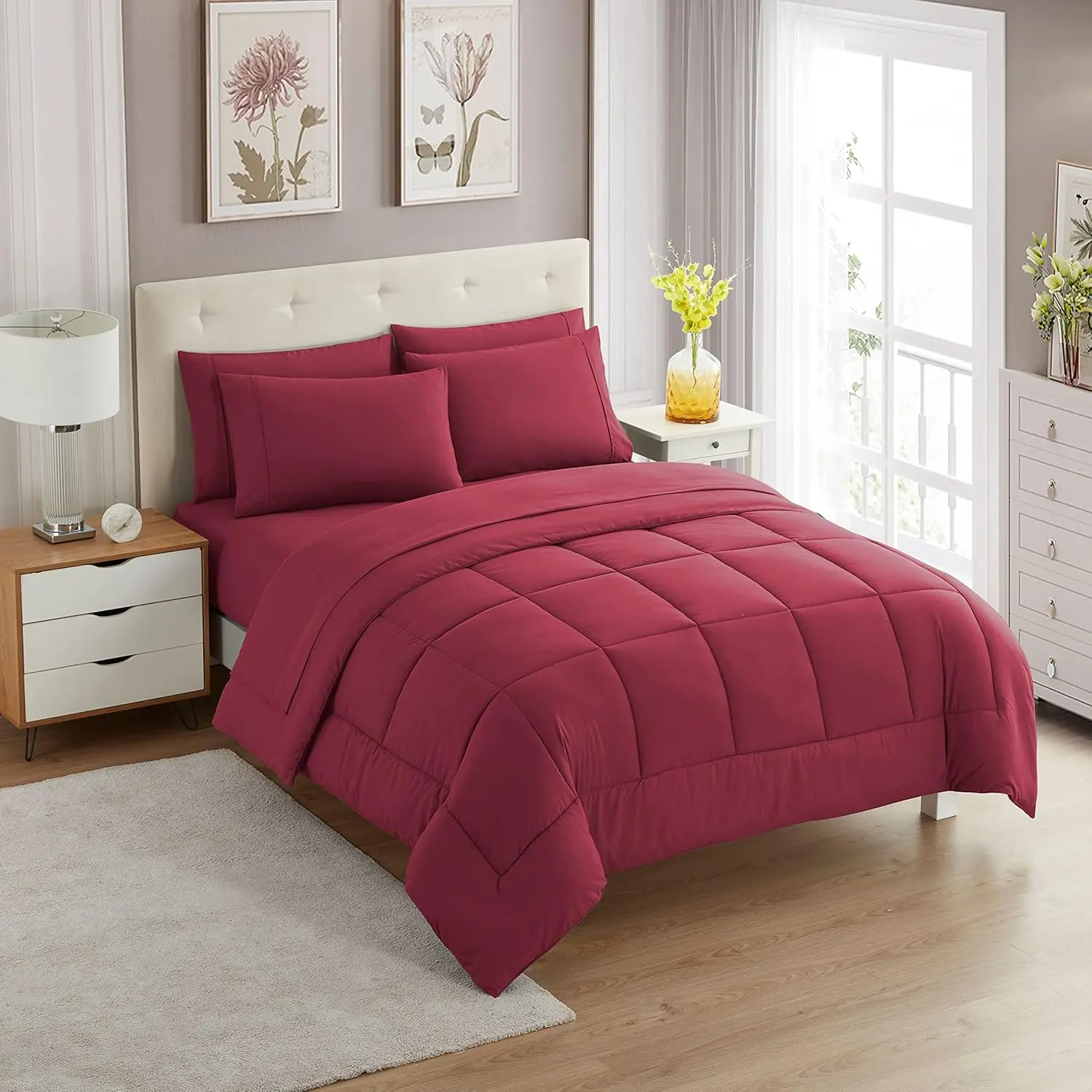 Sweet 7 Piece Comforter Set Bag Color All Season Soft Down Alternative Blanket & Luxurious Microfiber Bed Sheets, Burgundy, Full