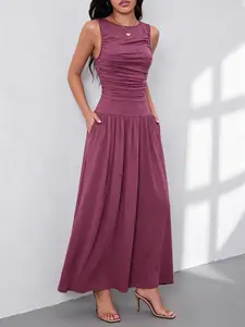 Women's Summer Ruched Waist Slim Fit Sleeveless Dress with Pockets, Elastic Stretchy Outdoor Casual Daily Commute Street Fashion Lazy Style Dress