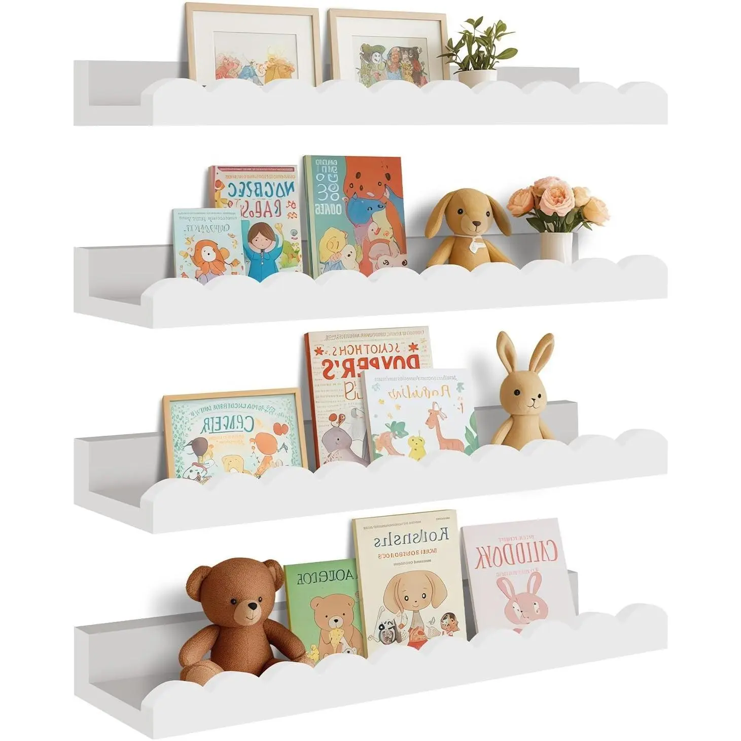 4-Pack Scalloped Shelves, Nursery Shelves for Wall, Floating Nursery Book Shelves for Kids, White