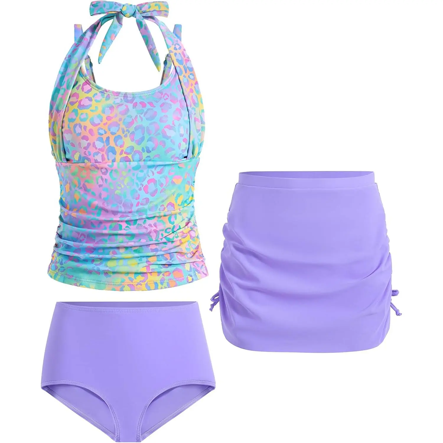 Teen Girls Swimsuits Halterneck Tankini Bathing Suits for 7-16 |   Tween Summer Swimsuit,teenager Drawstring Swimwear with shorts, UV Protection, Palm Tropical Printed Girls' Beach Essentials