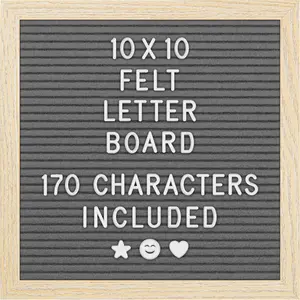 Felt Letter Board - 10x10", Gray - 170 Letters, Numbers & Emojis for Celebrations & Announcements - Customizable Message Letterboard w/Wooden Frame for  Decor & Office Use - by