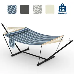 2 Person Outdoor Hammock with Stand - Heavy Duty Steel Frame - Soft Pillow & Balance Ropes - 500 lbs Capacity - Perfect for Patio, Garden, Backyard, Beach - Blue Stripe