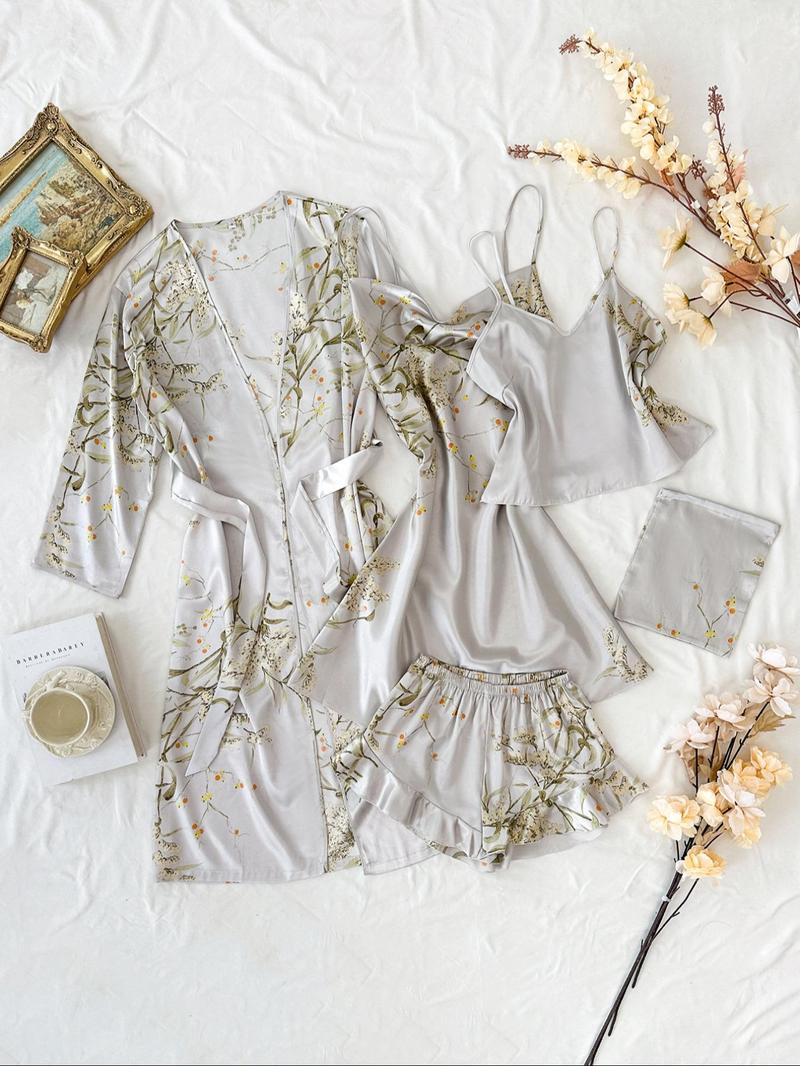 Women's Plant Print Satin Pajama Set with Belted Robe, Cowl Neck Cami Nightdress, Backless Cami Top, Elastic Waist Shorts & Storage Bag, Casual Comfortable Women's Sleepwear