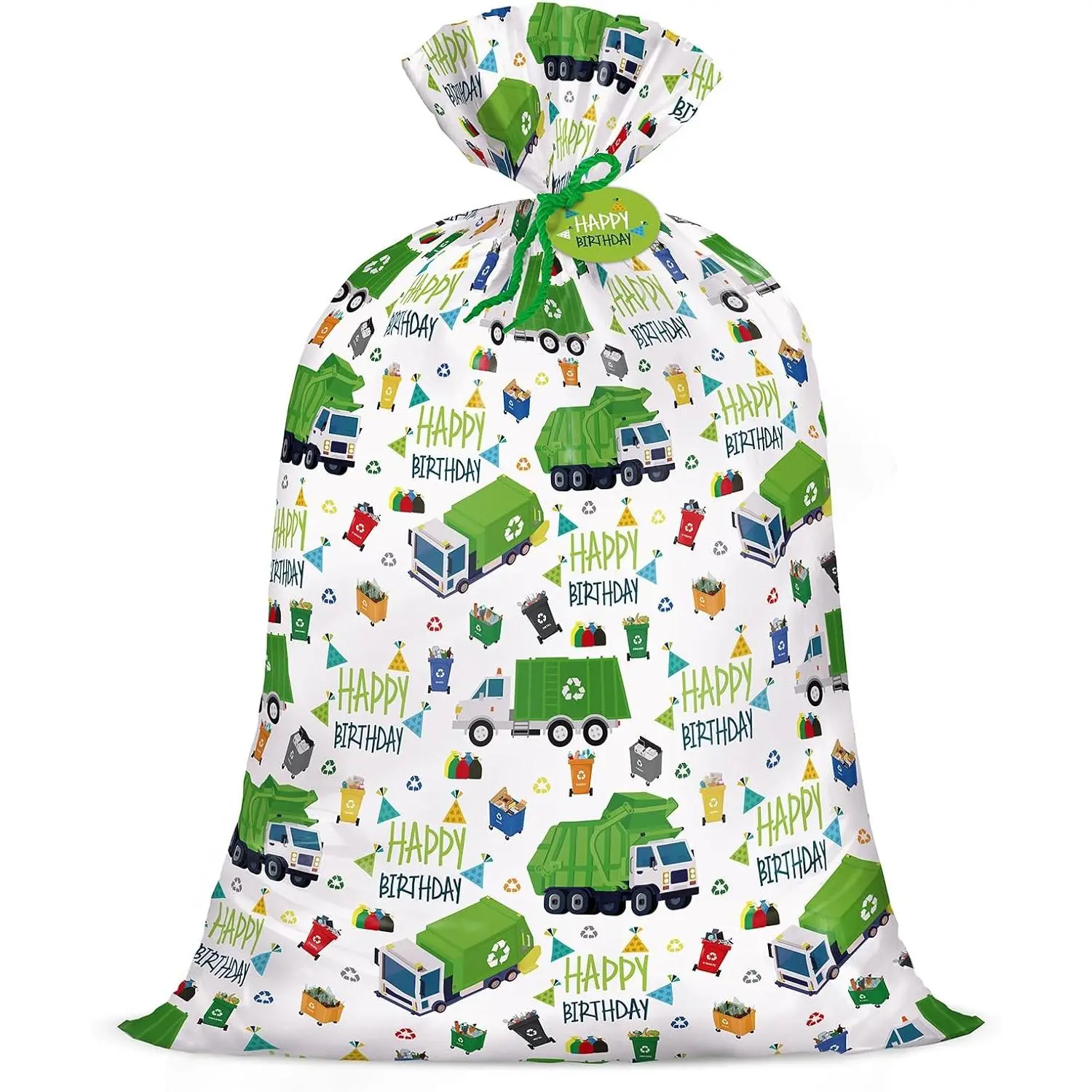 WRAPAHOLIC Jumbo Size Plastic Gift Bag (56" H x 36" W) with Gift Tag & Tie, Truck-Race Car-Fire Truck-Train-Pixel Game Designs for Kids Boys' Birthdays, Large Presents