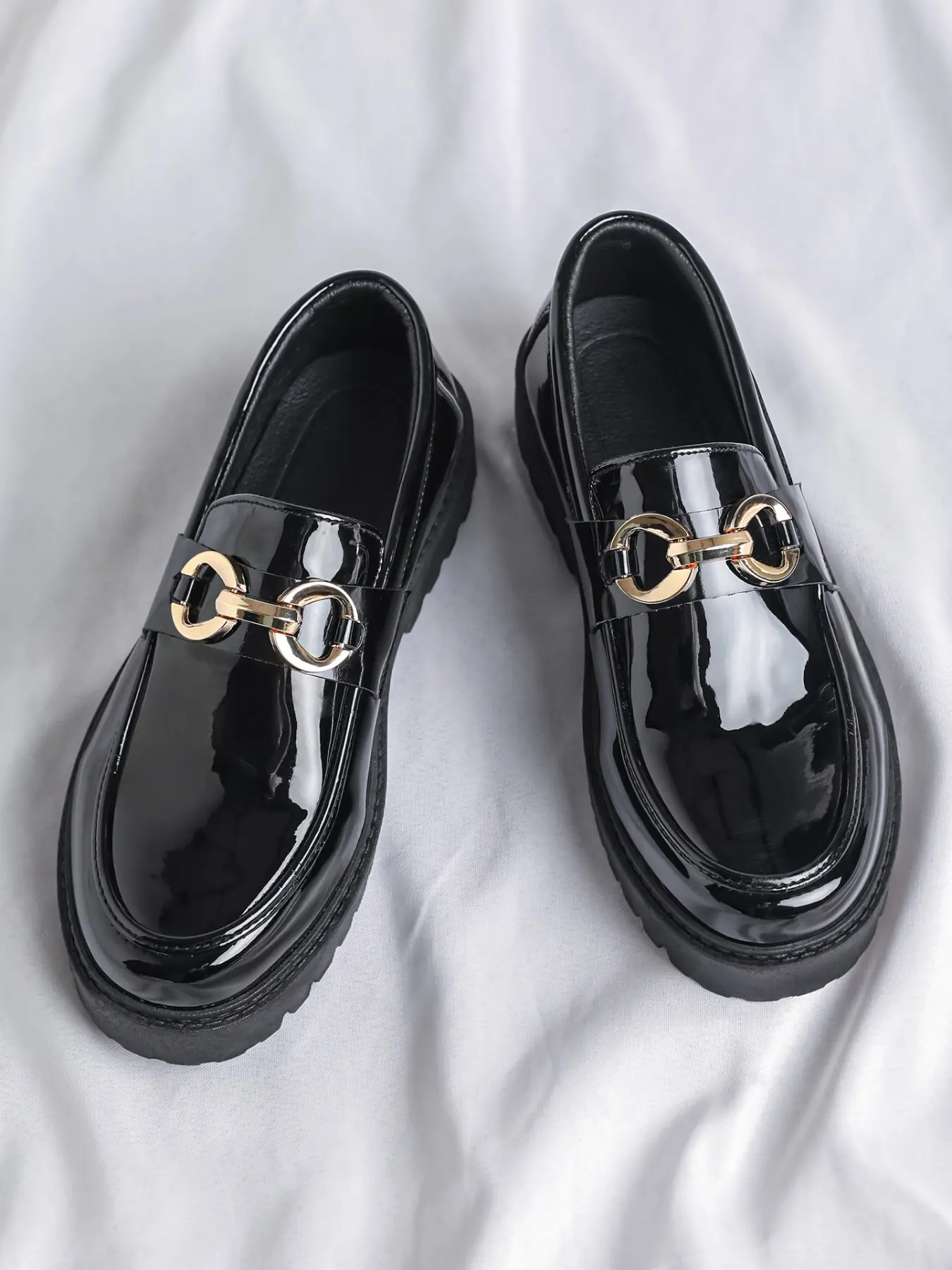 Men's Glossy Thick Sole Loafers, PU Leather Slip-On Shoes, Casual Patchwork Design, Comfortable All-Day Wear, Perfect for Daily Commute