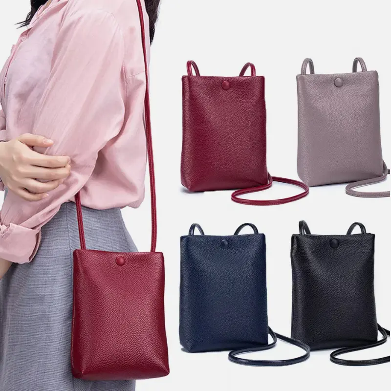 Women Mini Cell Phone Crossbody Bag Genuine Leather Snap Button Small Vertical Sling Bag Purse Thin Strap Inner Zipper Pocket for Ladies Casual Daily Shoulder Bag