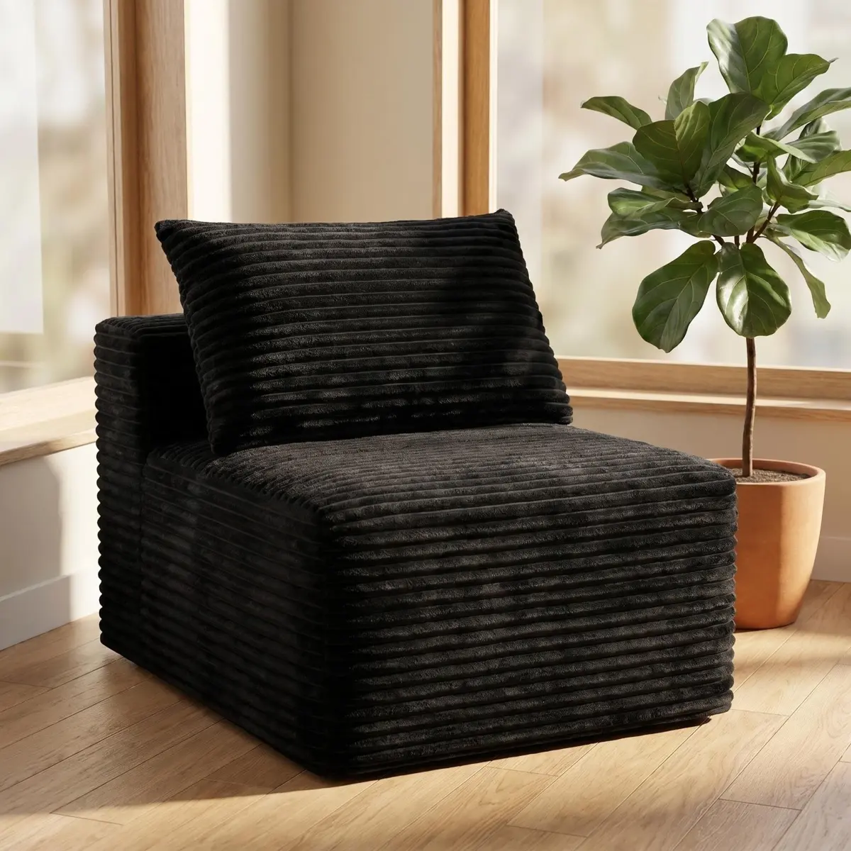Black Corduroy Modular Compression Sofa, Legless Floor-Hugging Armless Accent Chair for Living Room Bedroom