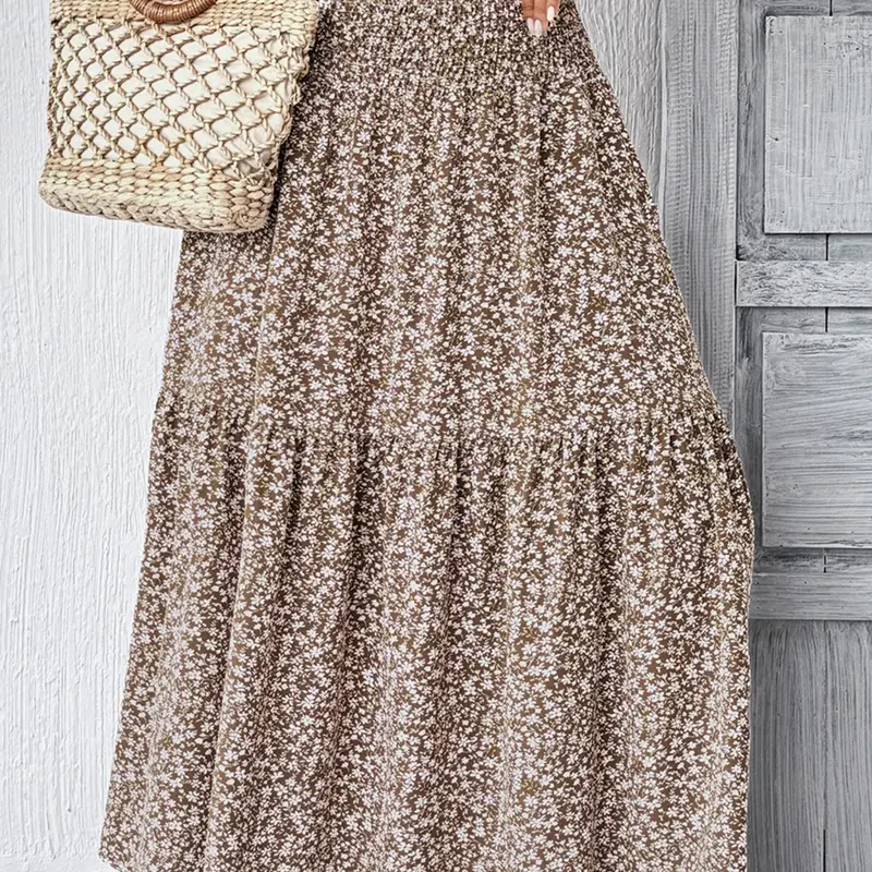 Plus Size Bohemian Ditsy Floral Midi Loose Casual Floral Pattern Skirt Womenswear - Smocked Waist, Side Pockets (Casual/Work)
