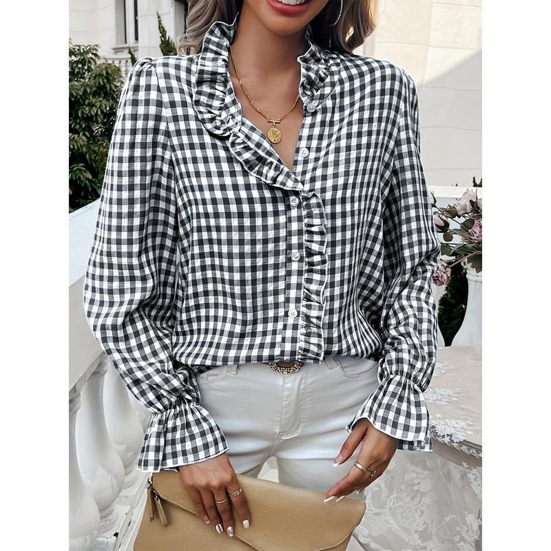 [ Gingham Shirt] Women's Stylish Long Sleeve Gingham Button-Shirt - Light Blue & White Checkered Pattern, Ruffle Detail, Professional Business Look, Machine Washable Cute Fabric