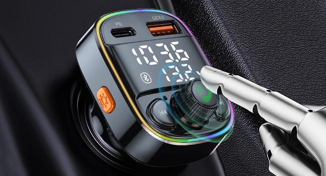 Bluetooth 5.4 Car Adapter, FM Transmitter with 42W Fast Charging (QC3.0/Type-C), Dual LED Display, HiFi Bass, Handsfree Calls, TF/USB Player & 7-Color Backlit