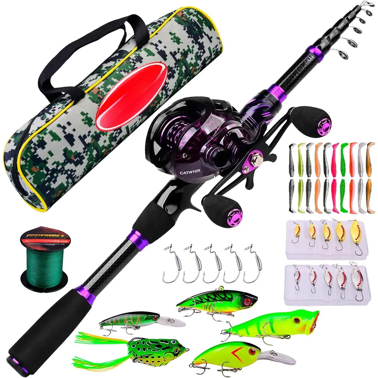 Fishing Rod and Reel Combo - 6.9ft Telescopic Spincast Rod with Left Handed Baitcasting Reel Combos - Sea Saltwater Freshwater Ice Bass Fishing Tackle Set - Fishing Rods Kit