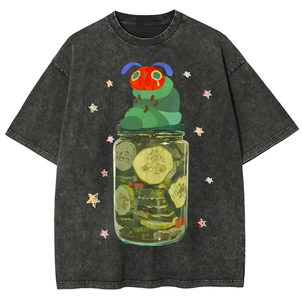 Hungry Caterpillar Pickle Jar Cute Aesthetic T-Shirt, Vintage Washed Tee, Sad Caterpillar in Pickle Jar Graphic Shirt