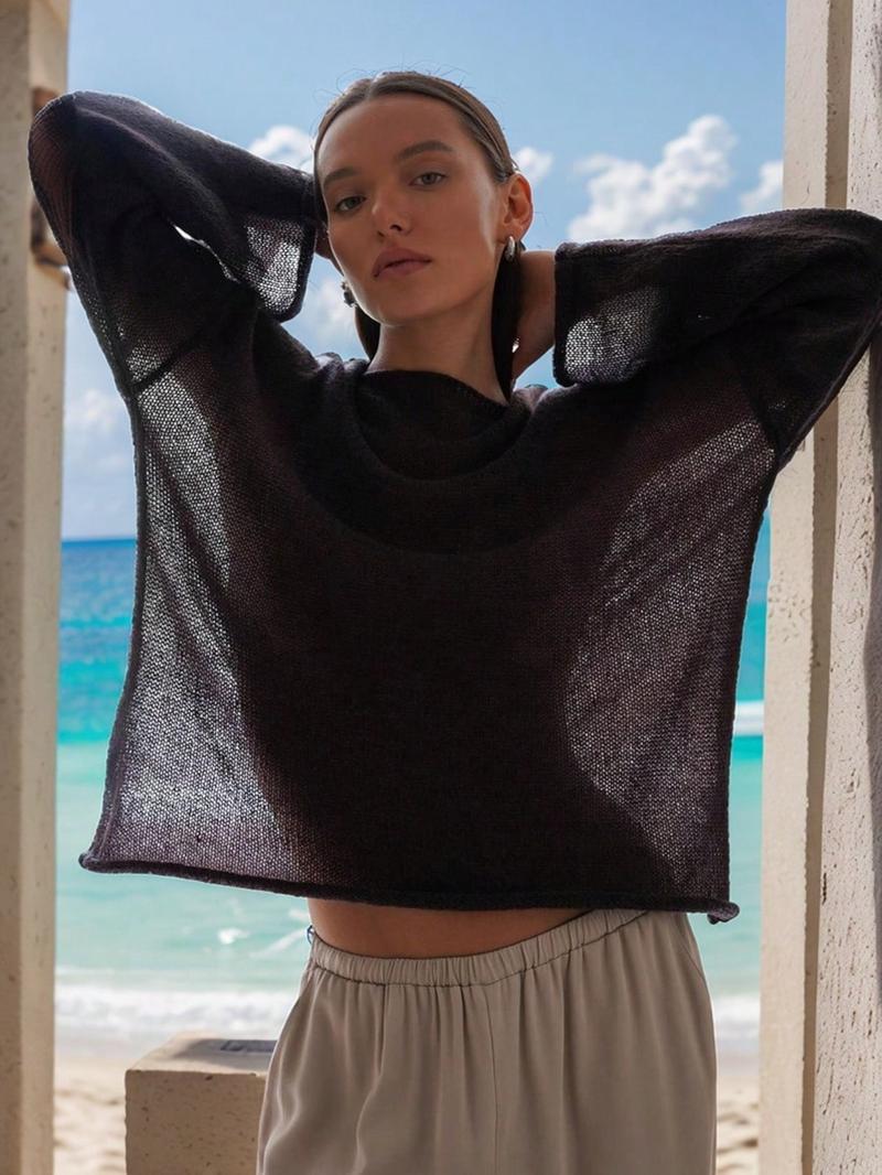 Women's Solid   Cover Up Top, Casual Long Sleeve Cover Up for Beach Vacation, Ladies Knitwear for All Seasons