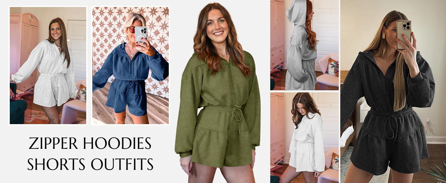 FMEYOA Womens Rompers Casual One Piece Outfits Half Zip Long Sleeve Hoodies Casual Shorts Drawstring Waist Jumpsuits FMEYOA Womens Rompers Casual One Piece Outfits Half Zip Long Sleeve Hoodies Casual Shorts Drawstring Waist Jumpsuits