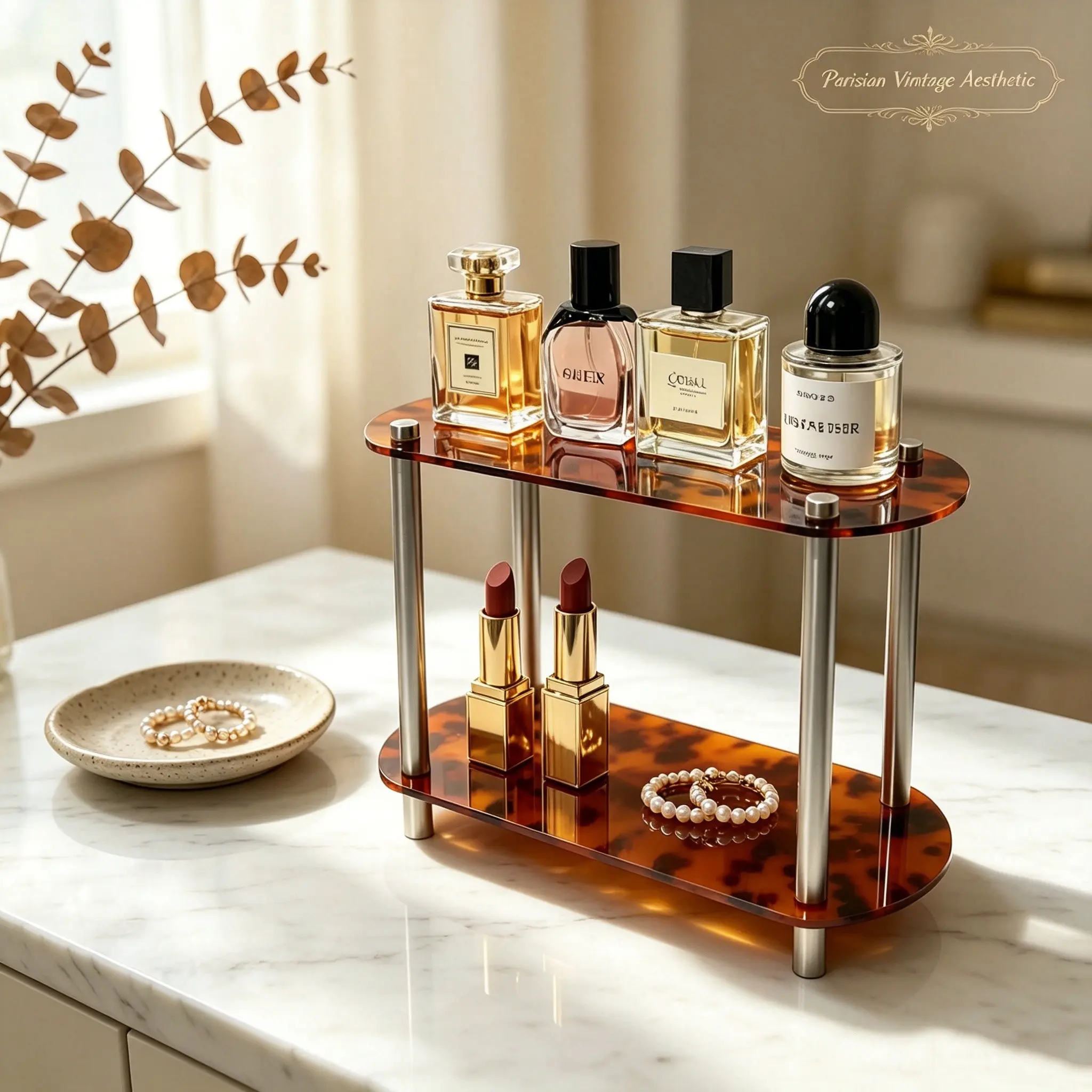 Tortoiseshell Acrylic Two-Tier Shelf, Vintage Decorative Perfume Organizer, Beauty Organizer, Bathroom Countertop Tray, Desktop Coffee Cup Holder, Interior Storage Organizer, Acrylic Vanity Storage
