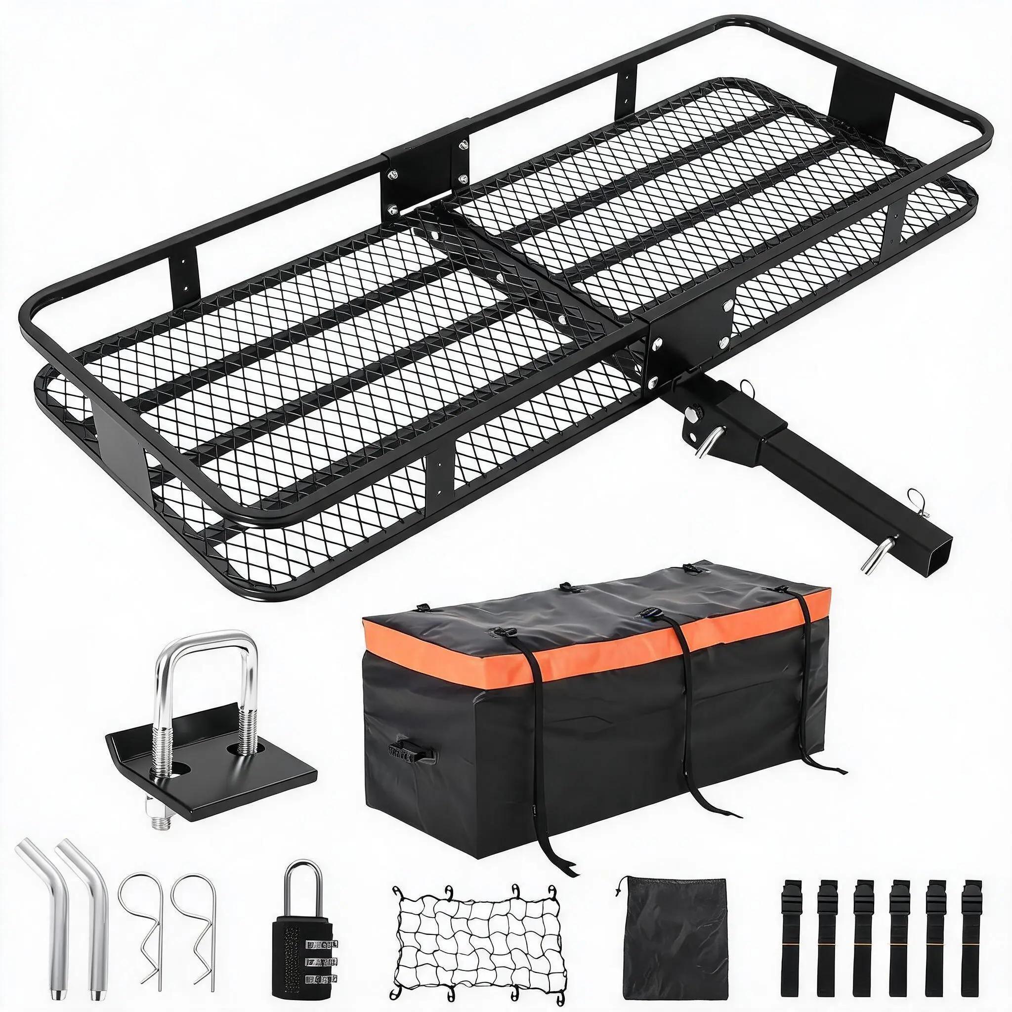 Heavy Duty Folding Hitch Cargo Carrier, 70" x 30", 600 lbs Capacity Steel Rear Basket Rack for SUVs, Trucks, Off-Road, Hitch Lock & Reflective Panels, Fits 2" Receiver – Black