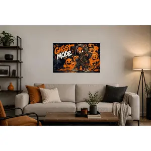 Orange Black Ghost Mode Streetwear Canvas Poster, Cool Hip Hop Chibi Ghost Character Wall Art, Aesthetic Graffiti Style Print for Teen Bedroom, Gaming Room, Living Room Decor, Modern Trendy Wall Art Gift,wall decor,poster.