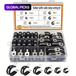 50pcs Stainless Steel Heavy Duty Hose Clamp Set, R Type Cable Clamps with Rubber Strips, Corrosion Resistant Wire Fixing Clips, 6mm to 19mm, Tool Box Included