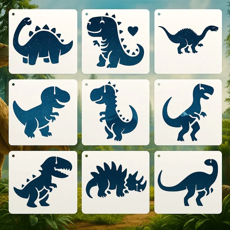 9 reusable art painting templates, featuring cute designs of Tyrannosaurus Rex and Longnecked Dragon, suitable for walls, fabrics, and canvases, as well as learning craft materials for painting and spraying