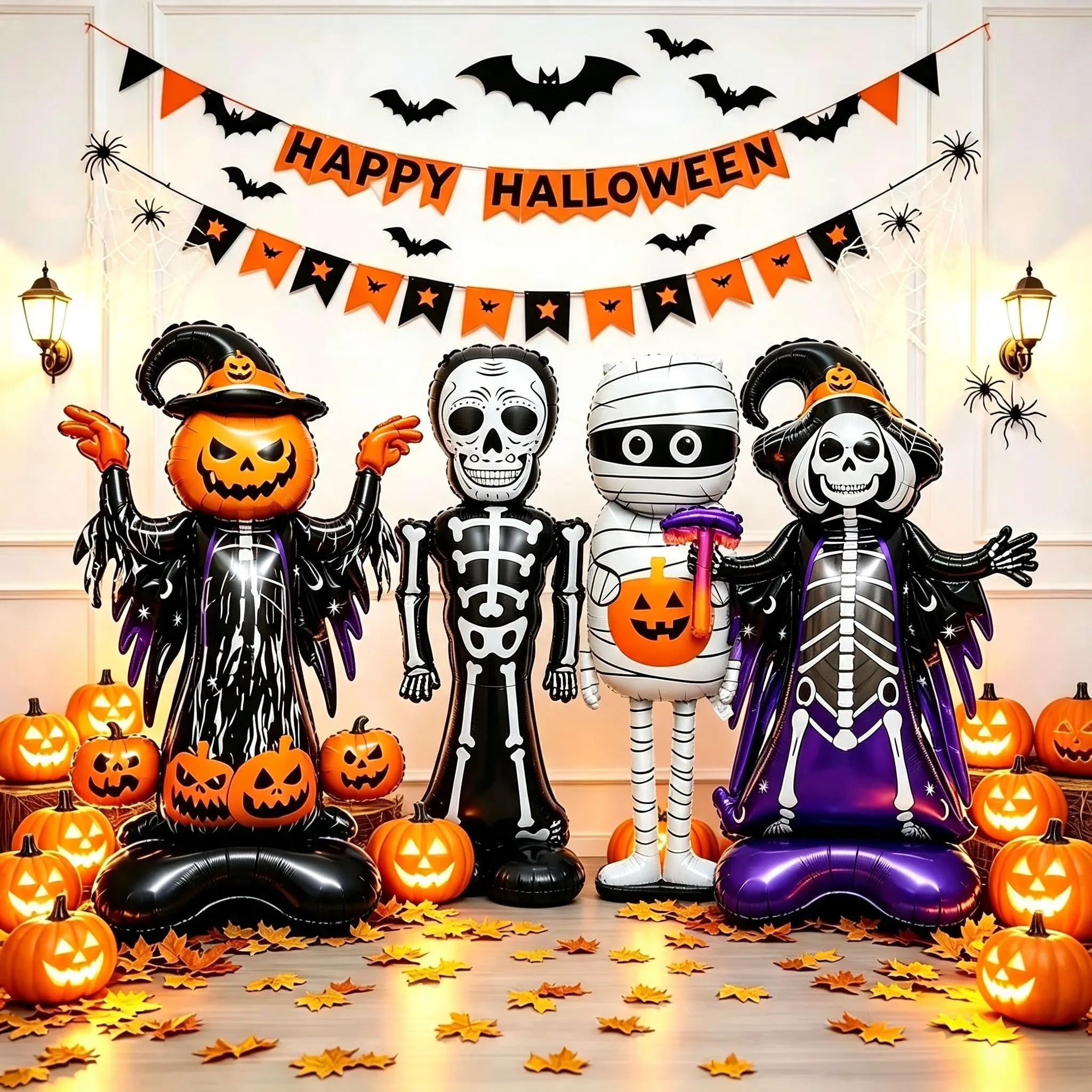 Halloween Standing Aluminum Foil Balloons, Large Inflatable Pumpkin Ghost Mummy Skull Set, Reusable Outdoor Party Decorations
