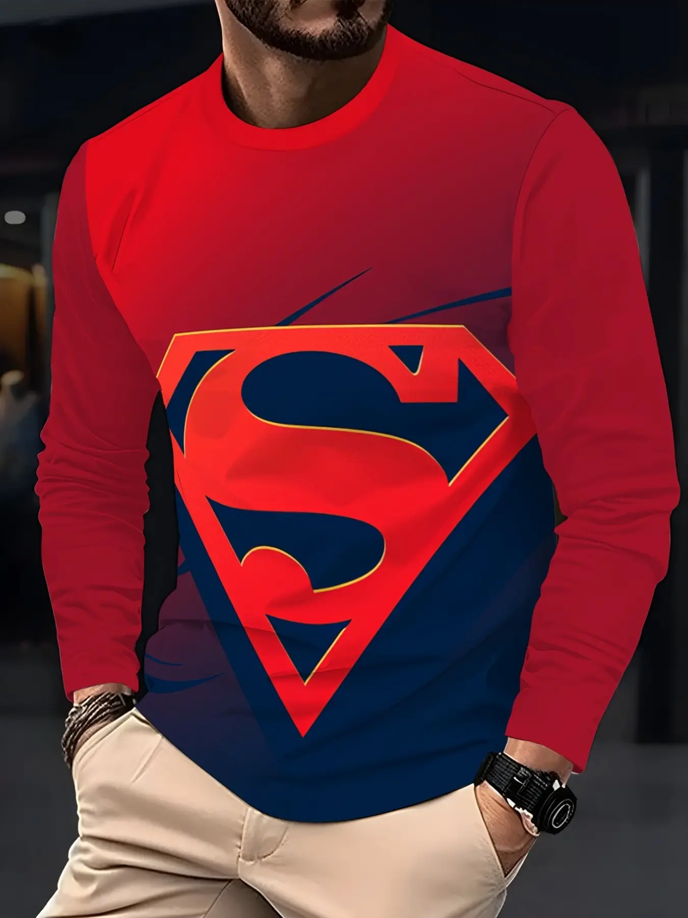 Warner Bros Men's Blue Gradient Superman Logo Long Sleeve T-Shirt, Colorblock Superhero Print Round Neck Street Style Top