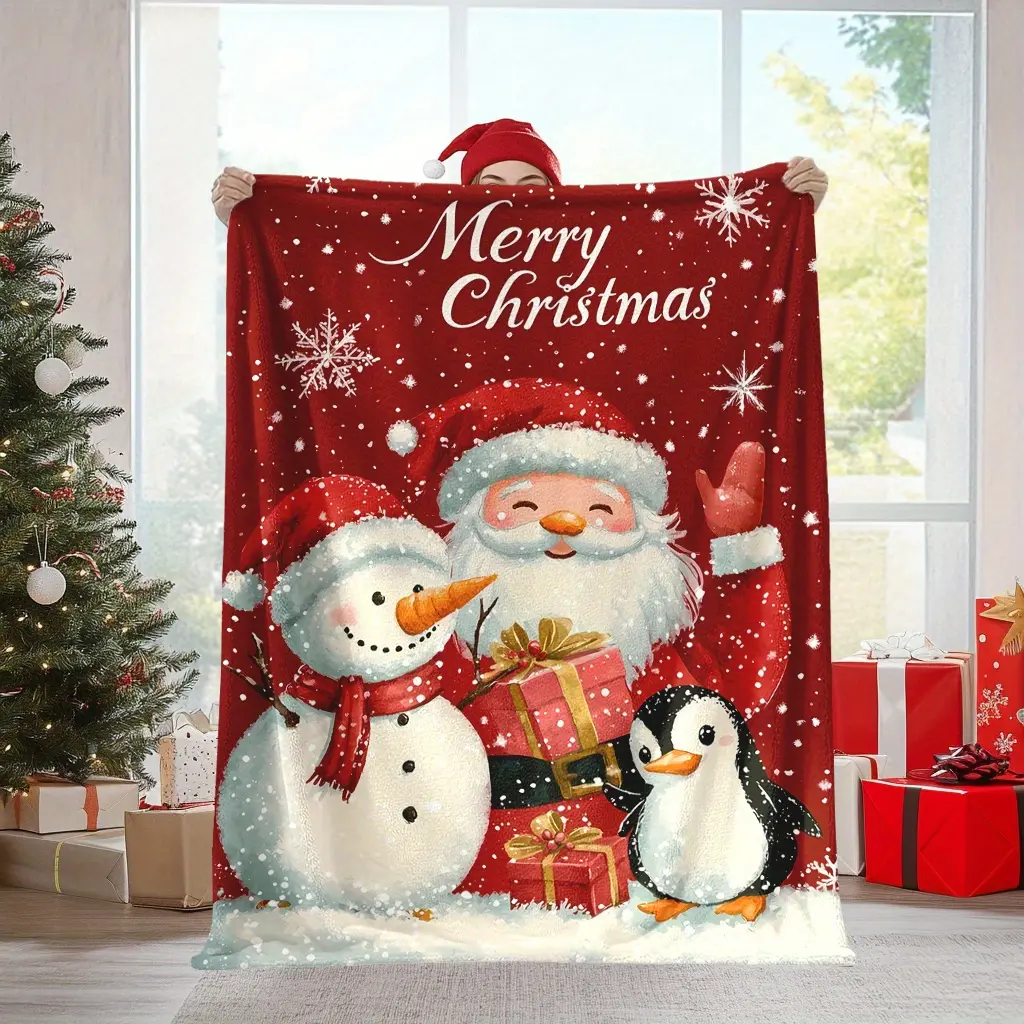 1pc Cozy Christmas Fleece Blanket with Santa, Snowman & Penguin - Soft, Warm Polyester Throw with "Merry Christmas" Text for Naps, Camping, Travel, Office & Home Decor - Ideal Holiday Gift for Friends & Family