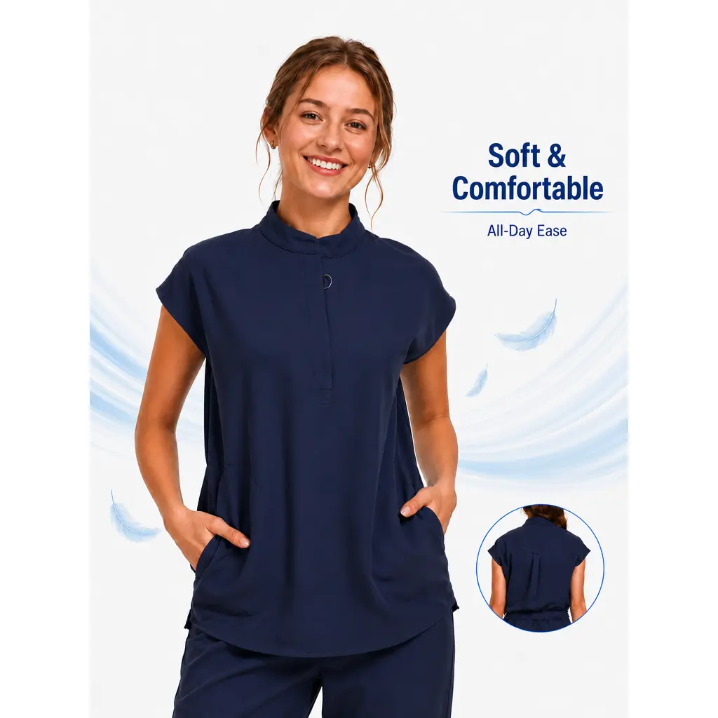 VECARDI Women's Collared Stretch Breathable Scrub Top - Loose Zipper Aesthetic Basic Minimalist Uniform, Short Sleeve Nursing Blouse with 2 Pockets, Navy Casual Fit Top, Smooth, Workwear