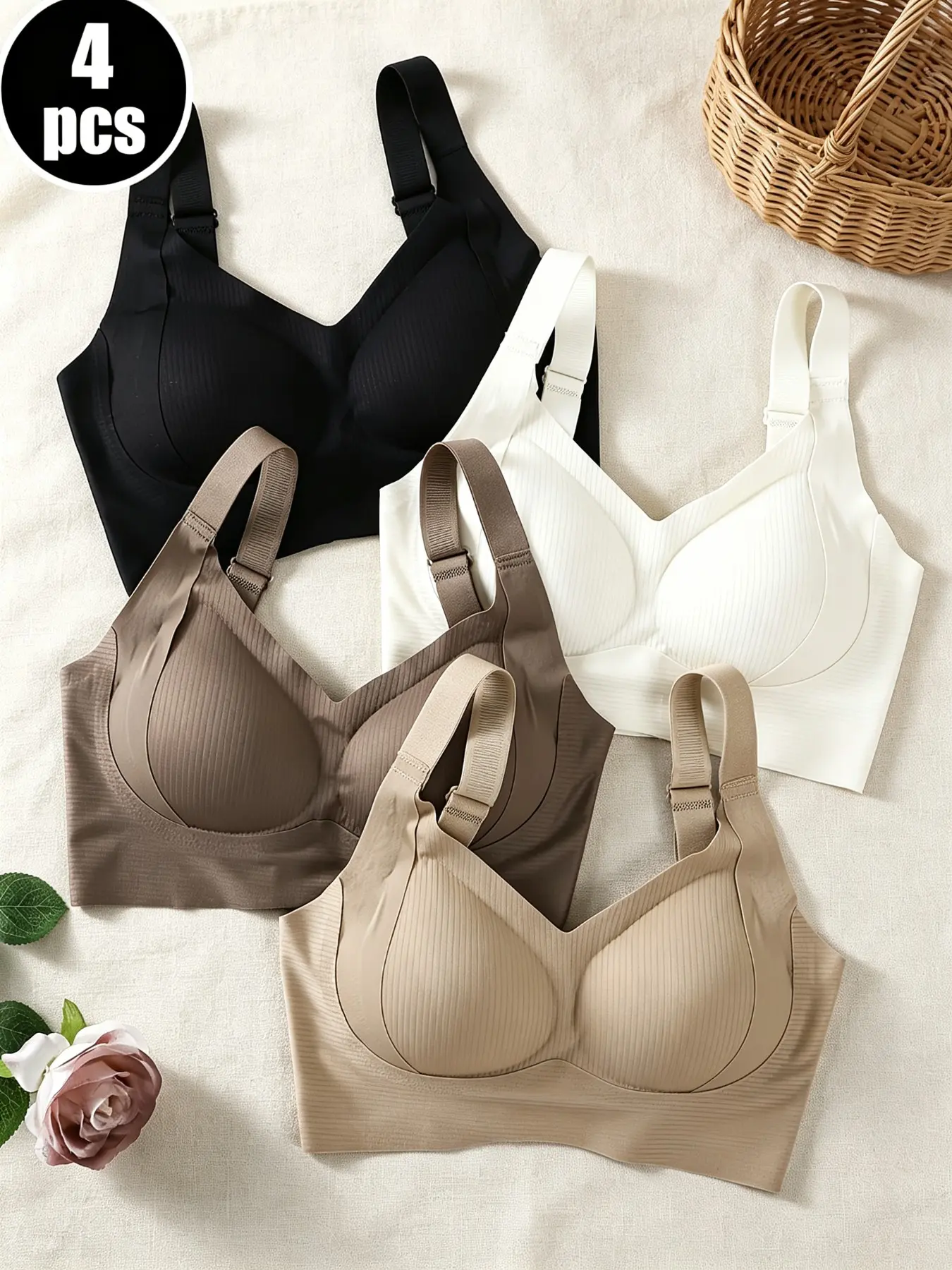 4-Piece Women's Striped Seamless Essential Bra Set, Pack Bras, Soft Comfortable, Breathable Comfy Bra, Plain Four-Row Adjustable Straps, Breathable Fabric, Mother's Day Gift