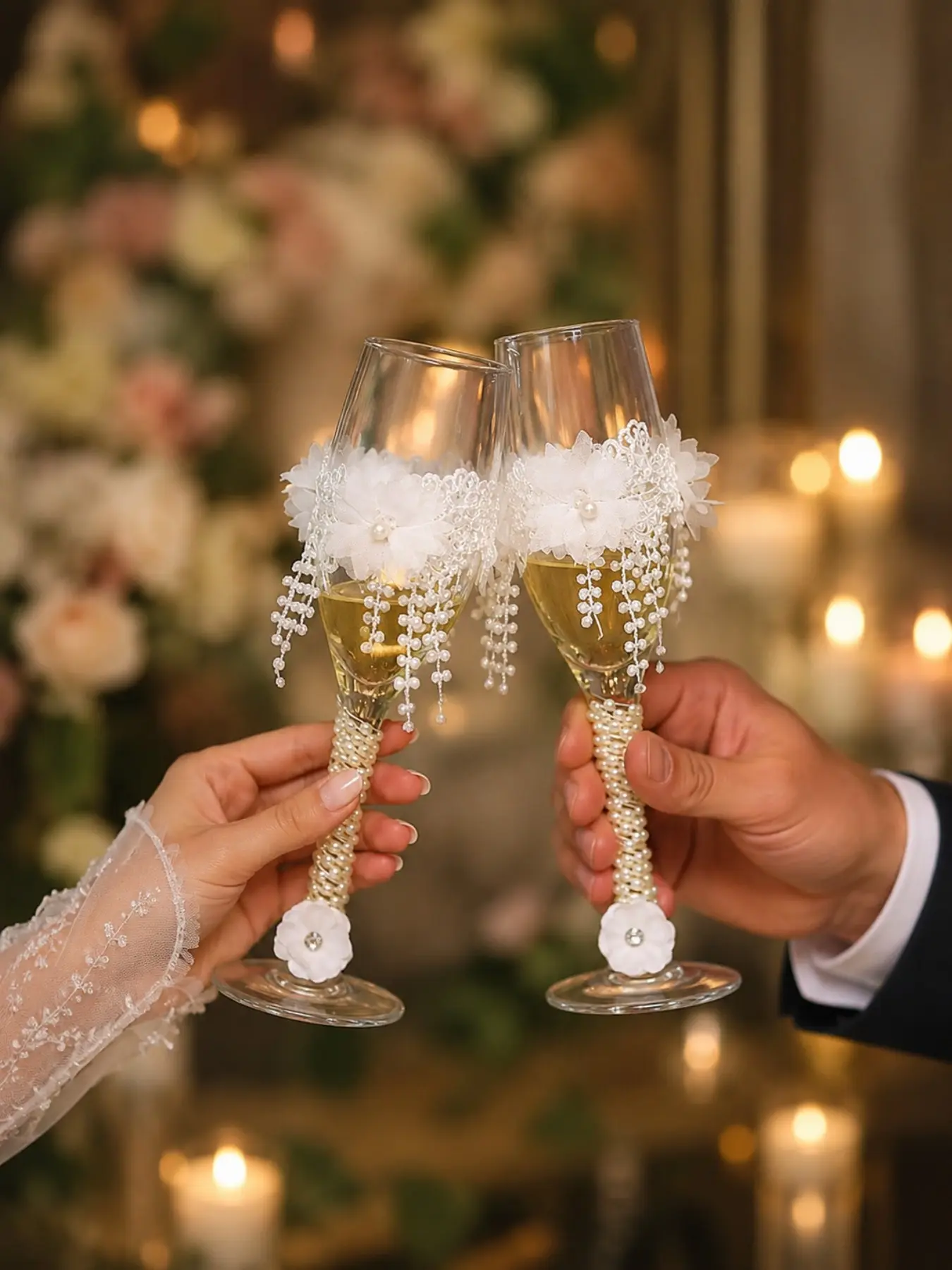 Romantic Pearl Tassel Wedding Wine Glass, Decorative Glass 2 Piece Set Handmade Lace Flower Spiral Pearl Decoration Bridal Champagne Glass Reusable Transparent Goblet Suitable for Wedding Ceremony, Engagement Party, Table Decoration