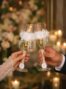 Romantic Pearl Tassel Wedding Wish Wine Glass 2 Piece Set Handmade Lace Flower Spiral Pearl Decoration Bridal Champagne Glass Reusable Transparent Goblet Suitable for Wedding Ceremony, Engagement Party, Valentine's Day, Romantic Dinner, Table Decoration