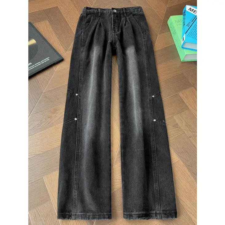 Chic Fashion Cotton Aesthetic Men's Jeans - American-Style High Street Distressed Patchwork Pants, Autumn-Winter Riveted Pleated Vintage Washed Gradient Hem Micro-Flared Wide-Leg Casual Trousers, Machine Washable, Grunge Aesthetic, Faded Men's Jeans