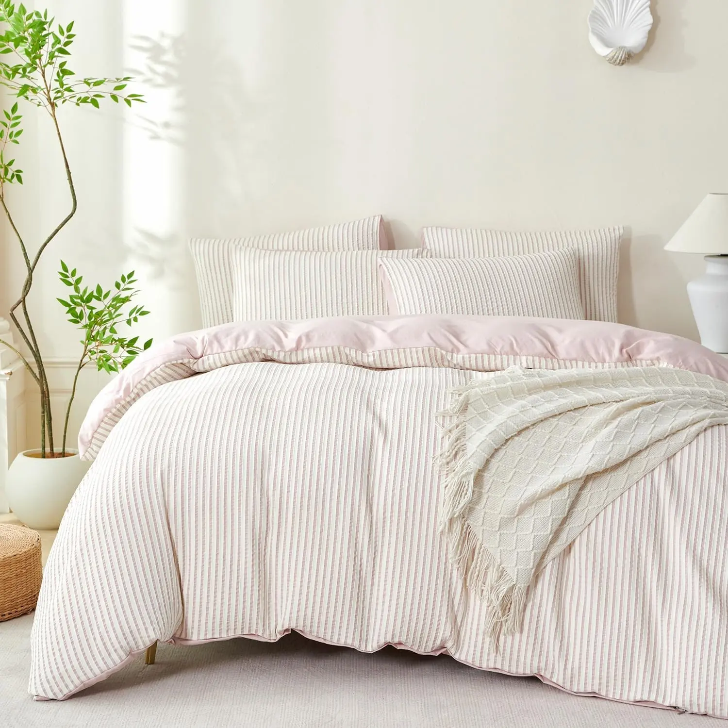 Dusty Pink Comforter Set Queen Size Soft Luxury Washed Microfiber Jacquard 3 Pieces Bedding Set, White Dusty Pink Vertical Ticking Stripes Comforter with 2 Pillowcases Breathable Durable Comfy