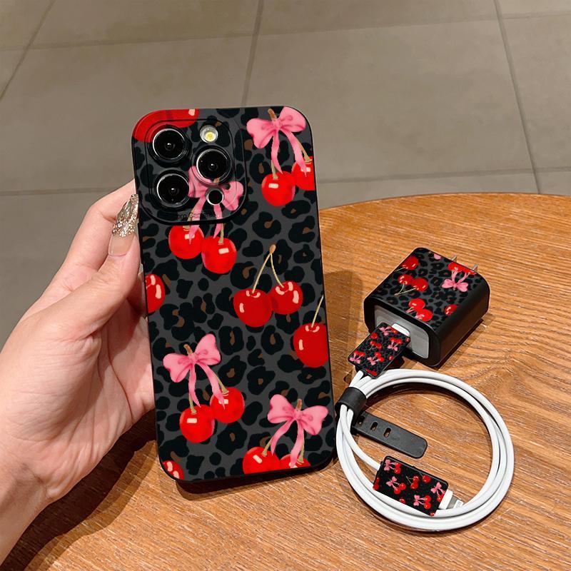Cherry Pattern Phone Case with Charger Head Cover & Cable Protector & Storage Rope, Shockproof Phone Case for iPhone, Casing, Accessories