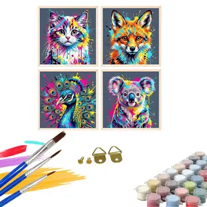 4pcs Paint By Numbers Kit for Adults Beginners -20x20cm / 8x8in Color Canvas, Easy DIY Ink Style Animals Acrylic Painting Set - Wall Decor for Living Room and Bedroom, Creative Gift for Birthday, Mother's Day and Christmas, Without Frame