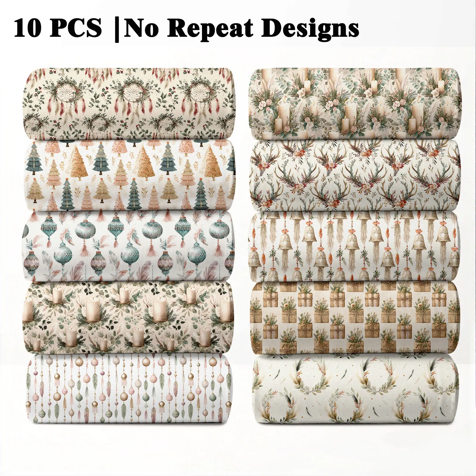10PCS Boho Christmas Print Fabric, 23x55cm (9x22in) Ethnic Holiday Pattern Quilting Home Decor DIY