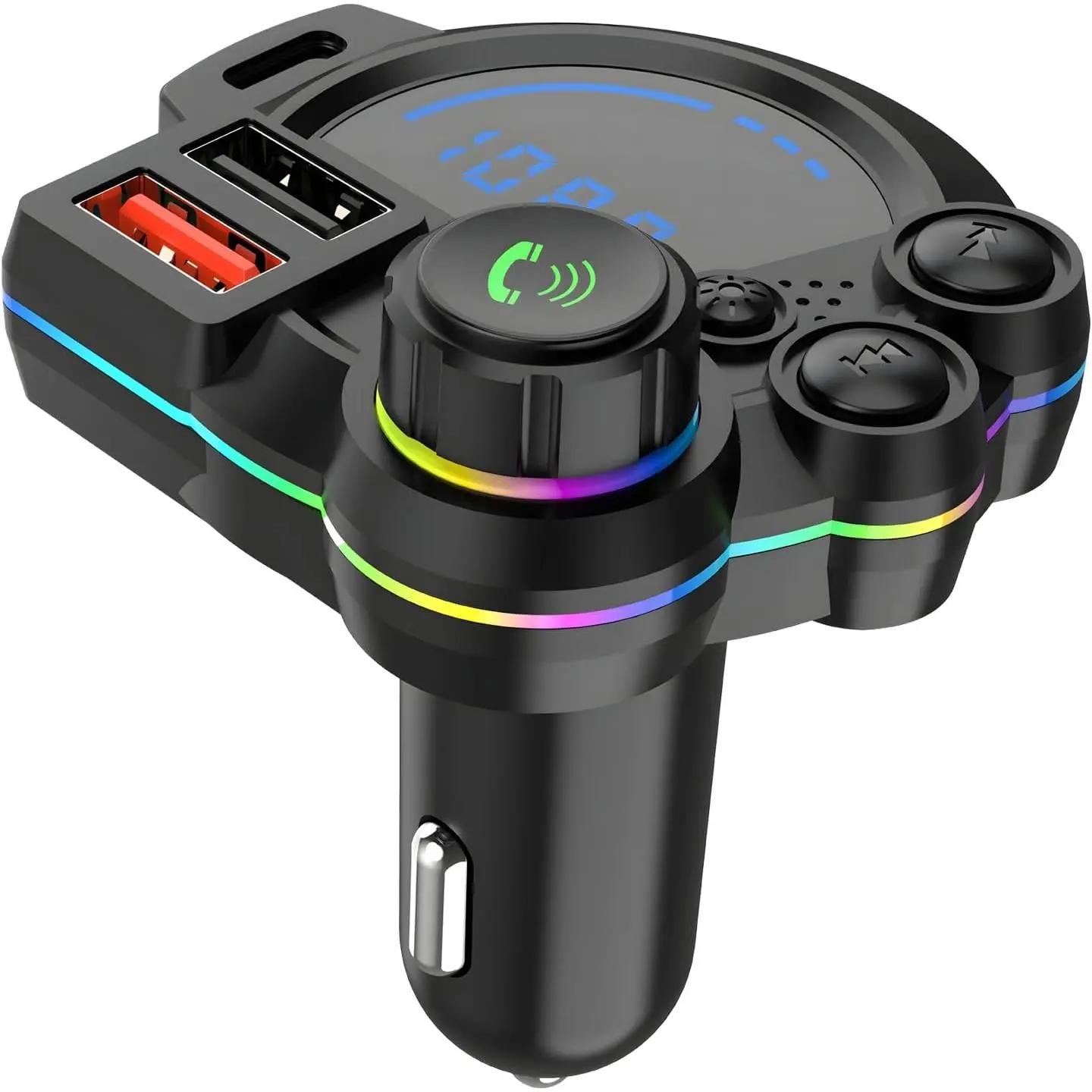 PD 20W+QC 3.0 Fast Charging Type-C Car Charger Wireless Bluetooth 5.3 FM Transmitter,MP3 Player with Dual USB Ports,Bass Sound Enhancer,RGB Ambient Lights Radio Adapter,One-Touch Voice Control Hands-Free Calls,Car Accessories Road Trip Essentials,12V-24V