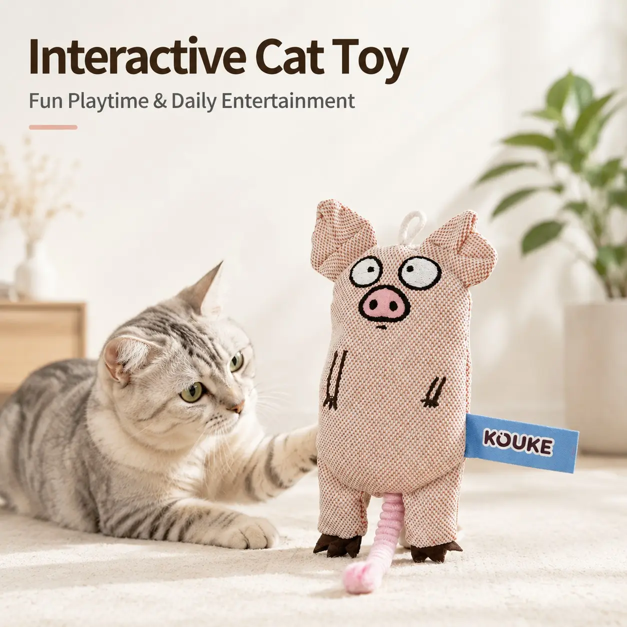 Interactive Cat Toy, Pink Pig Kicker Toy with Crinkle Paper & Bell, Plush Cat Toy with Stretchy Tail for Indoor Cats